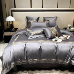 Deep Gray Wave Gold Embroidery Luxury Bedding set Silky Soft 4Pcs 1000TC Egyptian Cotton Duvet Cover Bed Sheet Pillowcases 1