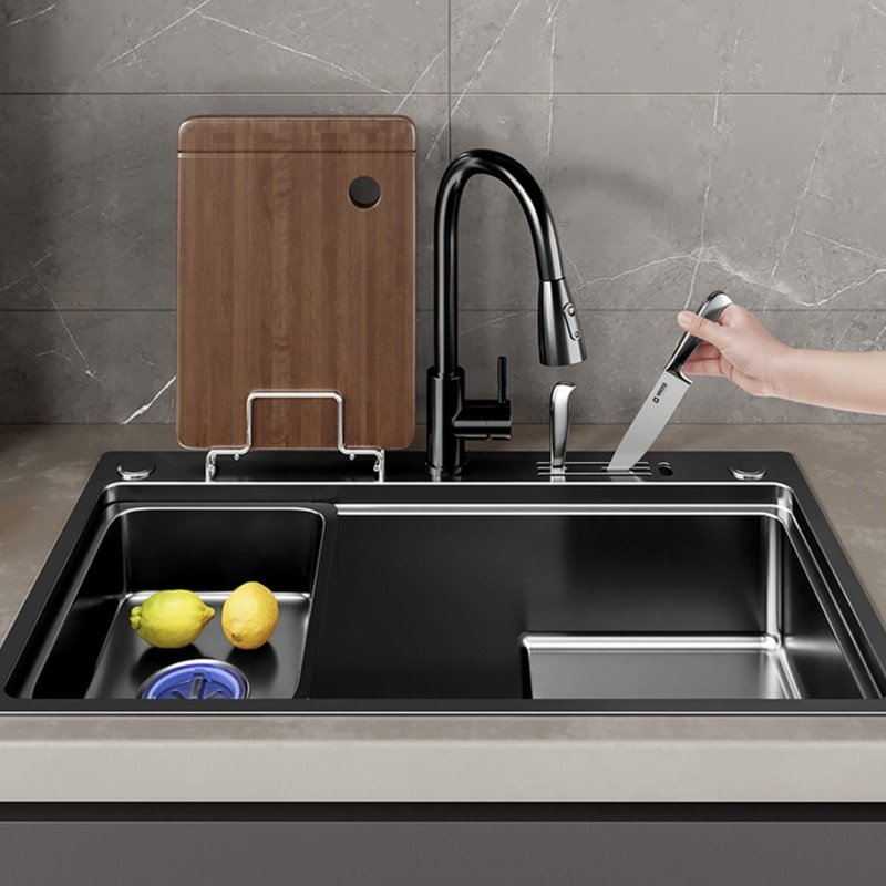 Nano Kitchen Sink Stainless Steel Black Handmade Stepped Single-slot Wash basin Bowl Large Topmount Undercounter Sink Drain Set 3