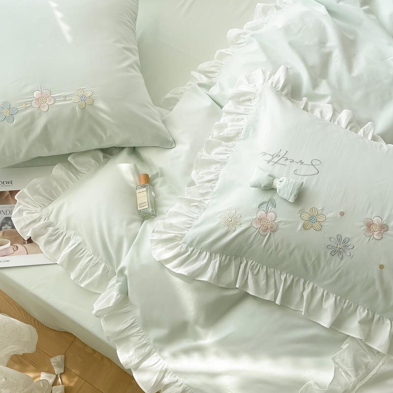 100%Cotton Girls Lovely Elegant Bedding Set Ruffle Exquisite Craft Duvet Cover Set Bed Sheet Pillowcases Princess 4Pcs Bed set 5