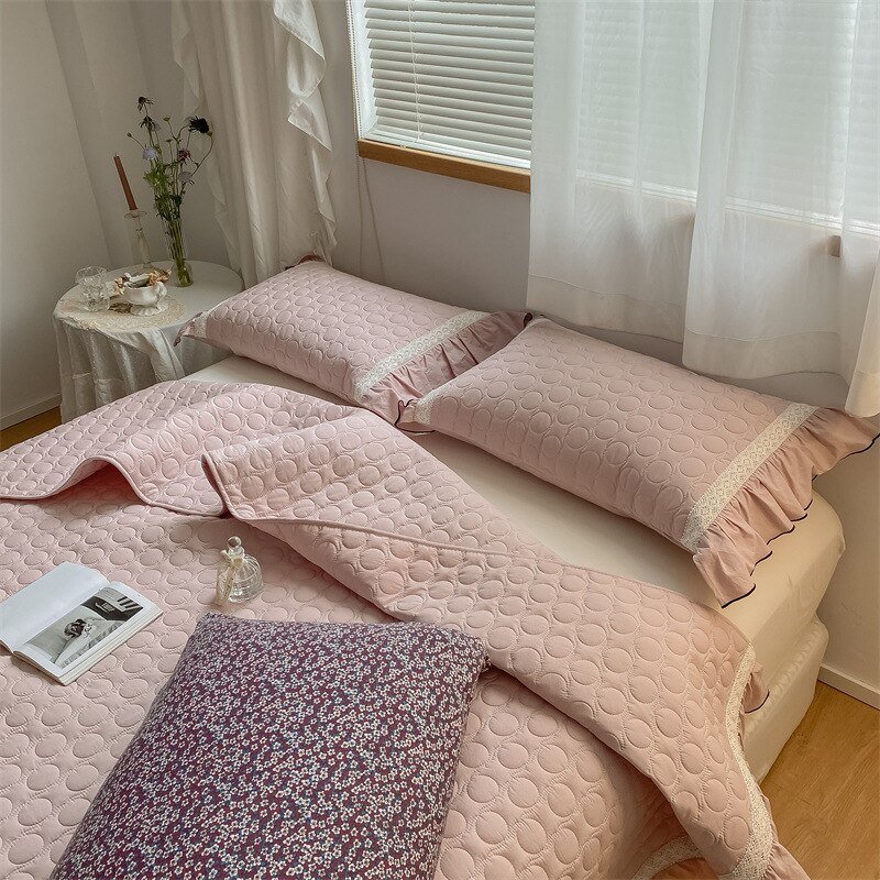 3Pcs 100%Cotton Quilted Ruffle Skirt Bedspread Set Pillow shams Peach Pink Ruffled Style Coverlet Bedspreads Full Queen size 4