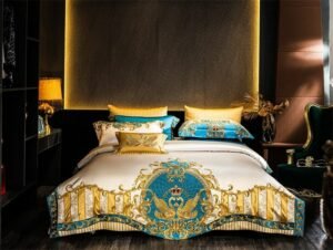 Gold and Blue Embroidery Satin Comforter Cover 4/6/10Pcs Bedding set Quilted Cotton Bedspread Flat/Fittedsheet Square pillocases 1
