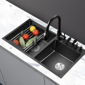 72x40cm Black Washing Basin 304 Stainless Steel Kitchen Sink with Knife Holder Vegetable Double Bowel Sink With Faucet Thickened 1