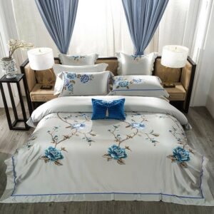 Golden/Gray Satin Luxury Chic Embroidery Blossom Bedding set Silky Soft Satin Cotton Bedding set Bed Spread Sheet Pillow shams 1