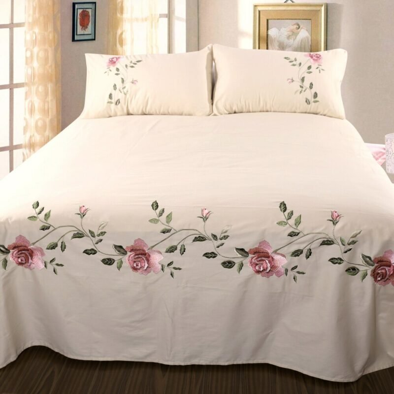 Vintage Flowers Embroidered White Pink Grey Duvet Cover Bed sheet Pillowcases Twin Full Queen King size Cotton Soft Bedding set 2