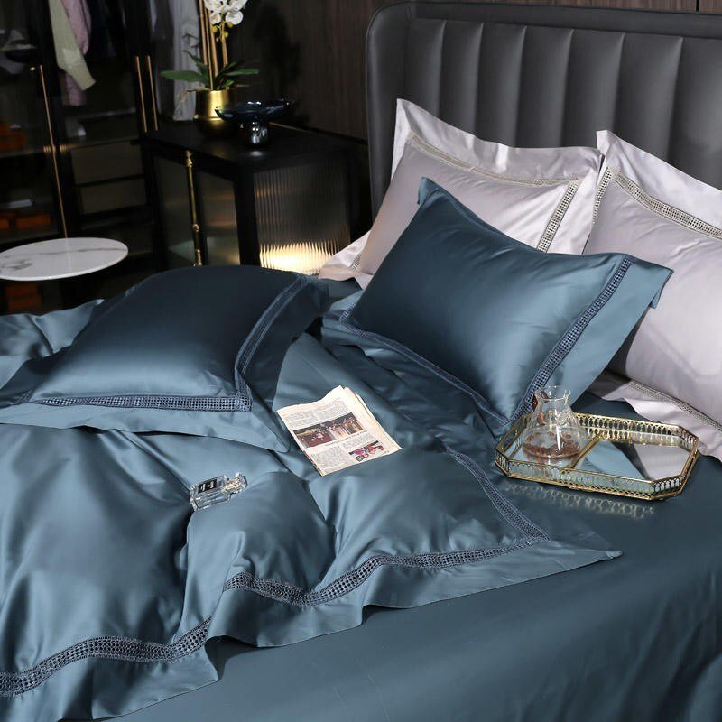 4Pcs 1000TC Premium Quality Egyptian Cotton Grayish Blue Bedding set 1Duvet Cover 1Bed Sheet 2Pillow shams Silky Soft Easy Care 4