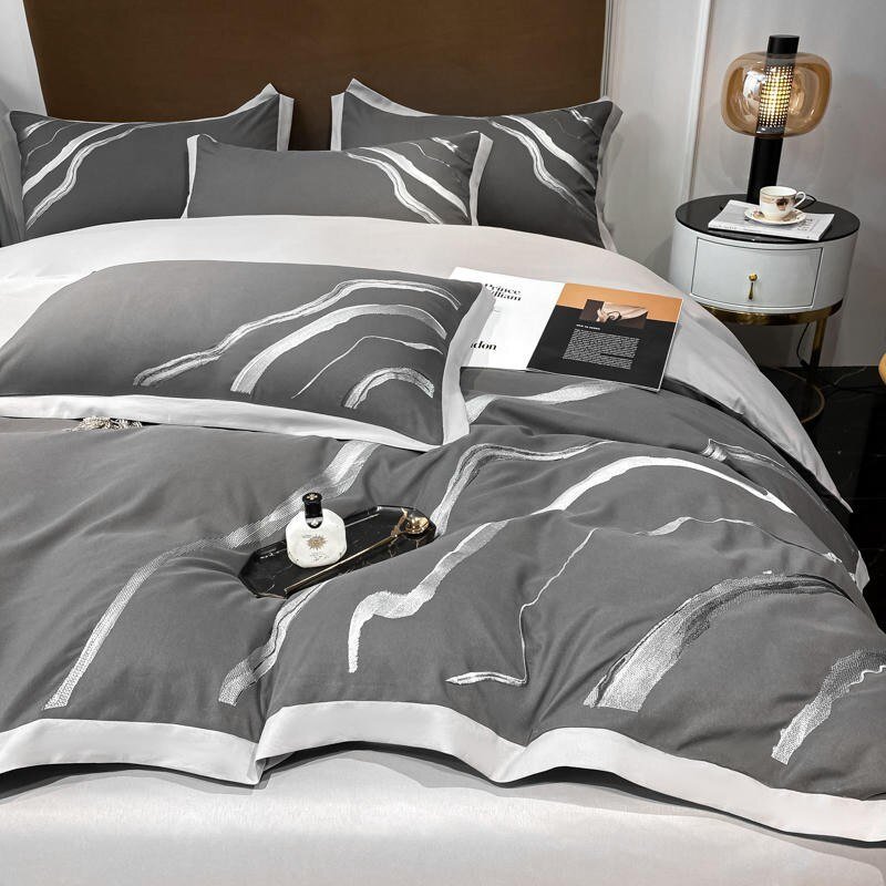 4Pcs Double Queen King Abstract Marble Embroidery Brushed Cotton Bedding Grey Zipper Comforter Cover Soft Bed Sheet Pillowcases 5
