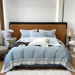 100% Egyptian Cotton Ultra Soft Duvet Cover Set 4Pcs Leopard Feather Baby Blue Delicate embroidery Bedding Bed Sheet Pillowcases 1