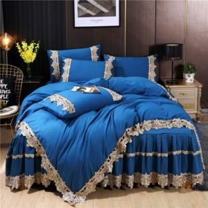 Blue 6Pcs Duvet Cover set Chic Lace Solid Color Super Soft Bedding Set Comforter Quilt Cover Bedskirt 4Pillowcases for Girls 1
