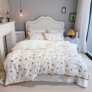 Chic Embroidery Vintage Rose Flowers White Duvet Cover Set Double Queen King 4Pc 1000TC Cotton Brushed Soft Bed Sheet Pillowcase 1
