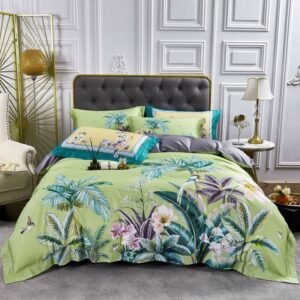 Tropical Green Palm Leaves Flamingo Duvet Cover Egyptian Cotton Soft Bedding Leaves Quilt Duvet Cover+1Bed sheet+2 Pillow Cases 1