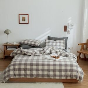 100%Cotton Gray Plaid Geometric Soft Breathable Bedding Set Comforter Cover with Zipper Ties Bed Sheet Pillowshams 4/6/7Pcs 1