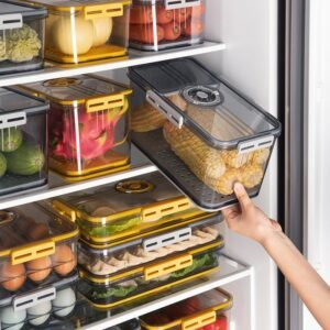 1.5L-7L Stackable Refrigerator Storage Bins Food Grade Containers Kitchen Organizer Box with Lid Drainboard Timer Clear Large 1