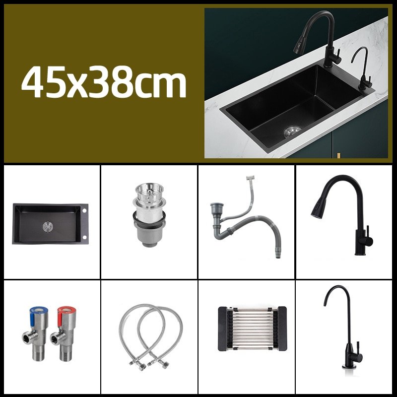 Black 304 Stainless Steel Kitchen Sink Single Bowl Undermount/Drop-In Washing Basin For Kitchen with Drainage Faucet Accessories 5