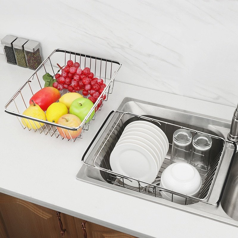 Retractable Stainless Steel Dish Drainer Rack Over Kitchen Sink Plate Drying Basket Vegetable Fruit Tableware Storage Organizer 3