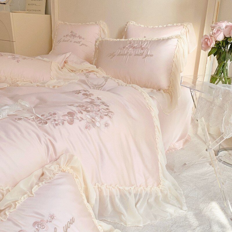 100%Eucalyptus Lyocell Duvet Cover Set Ruffels Princess Girls White Pink Bedding set Silky Smooth Cooling Bed Sheet Pillowcases 3