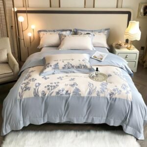 Chic Floral Embroidery Blue White Frame Patchwork Duvet Cover 1000TC Egyptian Cotton 4Pcs Bedding set Flat Bed Sheet Pillowcases 1
