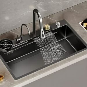 304 Stainless Steel Black Raindance Waterfall Kitchen Sink Large Single Bowl Wash Basin Sink Undercounter Topmount Faucet Drain 1