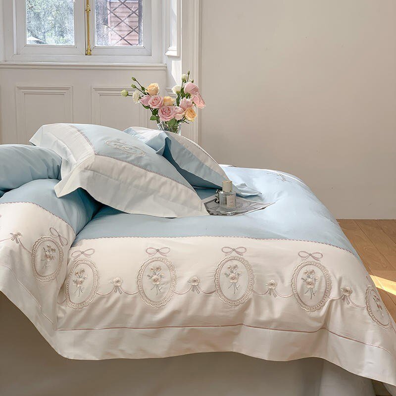Chic Embroidery Blue White Patchwork Girls Elegant Duvet cover Bed Sheet 2Pillow shams 1000TC Egyptian Cotton 4Pcs Bedding set 6
