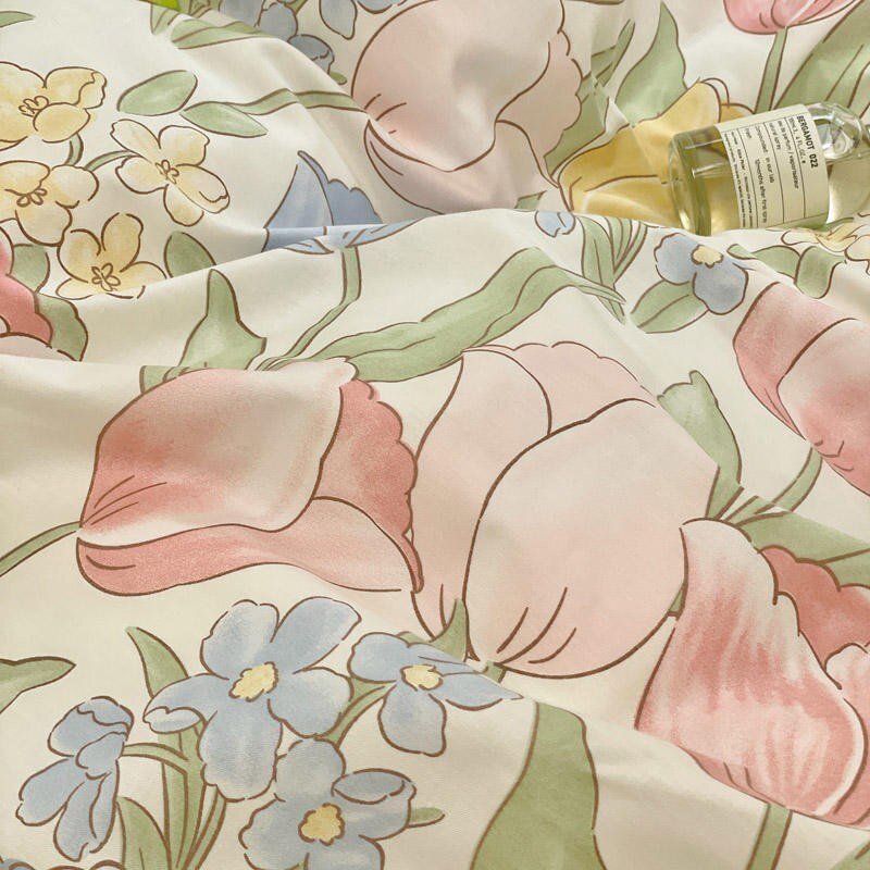 100%Cotton Lovely Spring Blooming Flowers Garden Fresh Green Duvet cover Bed Sheet Pillowcases Twin Double Queen 4Pcs Bedding 5