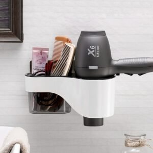 2-in-1 Adhesive Hair Dryer Holder Rack with Tool Storage Organizer Wall Mount Sticker Plastic Toilet Bathroom No Drill 1