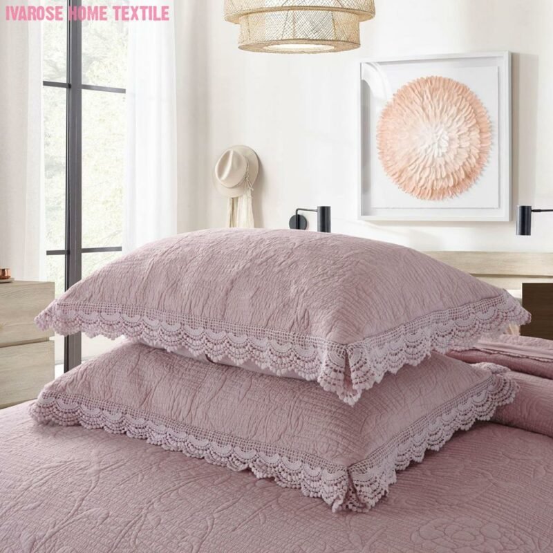 Luxury Dusty Pink and Gray Floral Pattern Quilted Cotton Bedspread Queen 3Pcs Chic Lace Edge Coverlet Pillow shams Bedding set 3