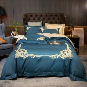 Egyptian Cotton Duvet Cover Set Silky Soft Queen King Solid Peacock Blue Embroidery Bedding(1Duvet Cover+1Bed Sheet+2Pillowcase) 1