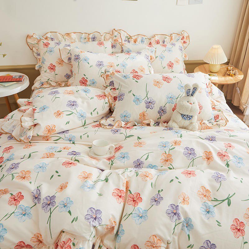 100%Cotton Bedding set Twin Queen King Girls Floral Ruffles Lace Duvet Cover set Fitted sheet Pillowcases 3/4Pcs Garden Flowers 4