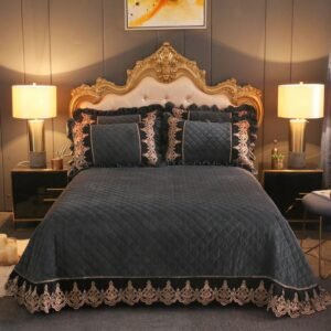 Ultra Soft Solid Diamond Parttern Quilted Thick Bed Quilt Bedspread Lace Edge Bed Cover set with Pillowcases Queen King 3/5Pcs 1