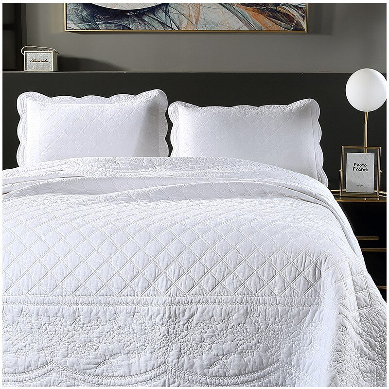 100%Cotton Embroidered Quilt Set 3Pcs Oversize Queen King Diamond Pattern Quilted Bedspread Coverlet Bed Cover Pillow shams 2