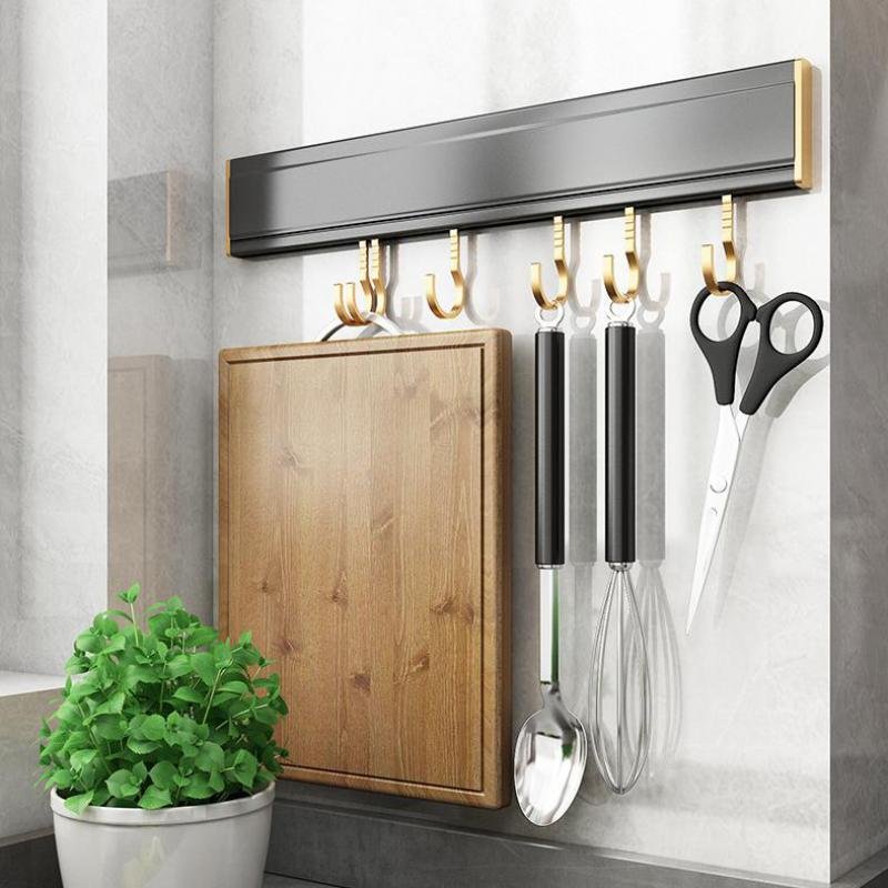 Aluminum Kitchen Utensils Pots Organizer Rack with Movable Hooks Rail Hanger Spatula Spoons and Pans Holder Wall Hanging Black 3