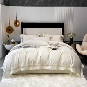 1000TC Egyptian Cotton Premium Elegant Ivory Bedding set Modern Simple Hollow out Edge Comforter Cover Bed Sheet Pillowcases 1