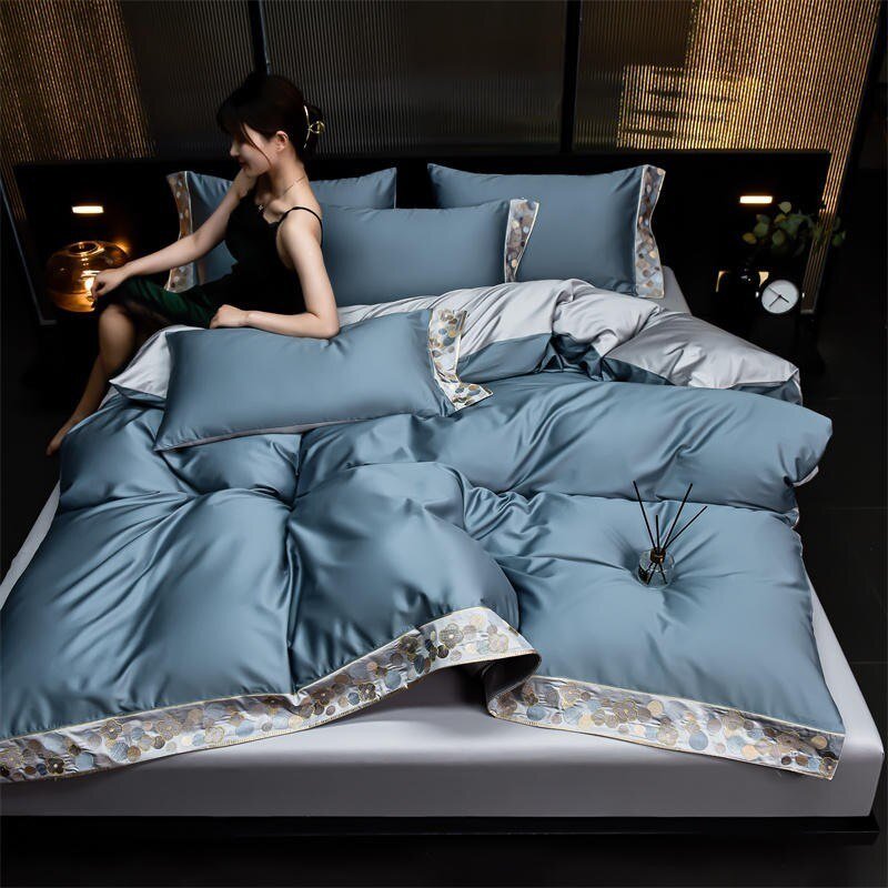 Solid Color 1000TC Egyptian Cotton Duvet Cover Chic Embroidery Blue 4Pcs Twin Queen King Family Bedding Set Bed Sheet Pillowcase 2