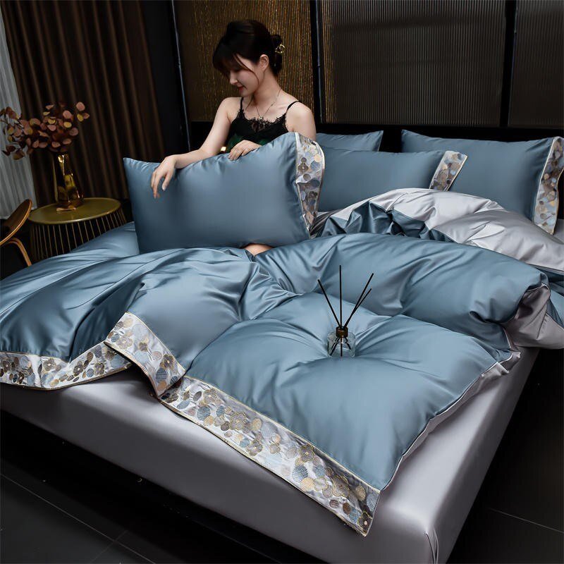 Solid Color 1000TC Egyptian Cotton Duvet Cover Chic Embroidery Blue 4Pcs Twin Queen King Family Bedding Set Bed Sheet Pillowcase 4
