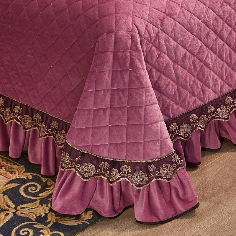 Velvet Diamond Quilted Bedspread with Drop Dust Ruffles Bed Cover set Super Soft Warm 250X250/250X270cm 3/5Pcs 2