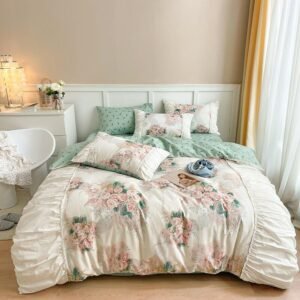 French Country Floral Printed Delicate Pleated Duvet Quilt Cover set 100%Cotton Girls Bedding Set with Bed Sheet Pillow shams 1
