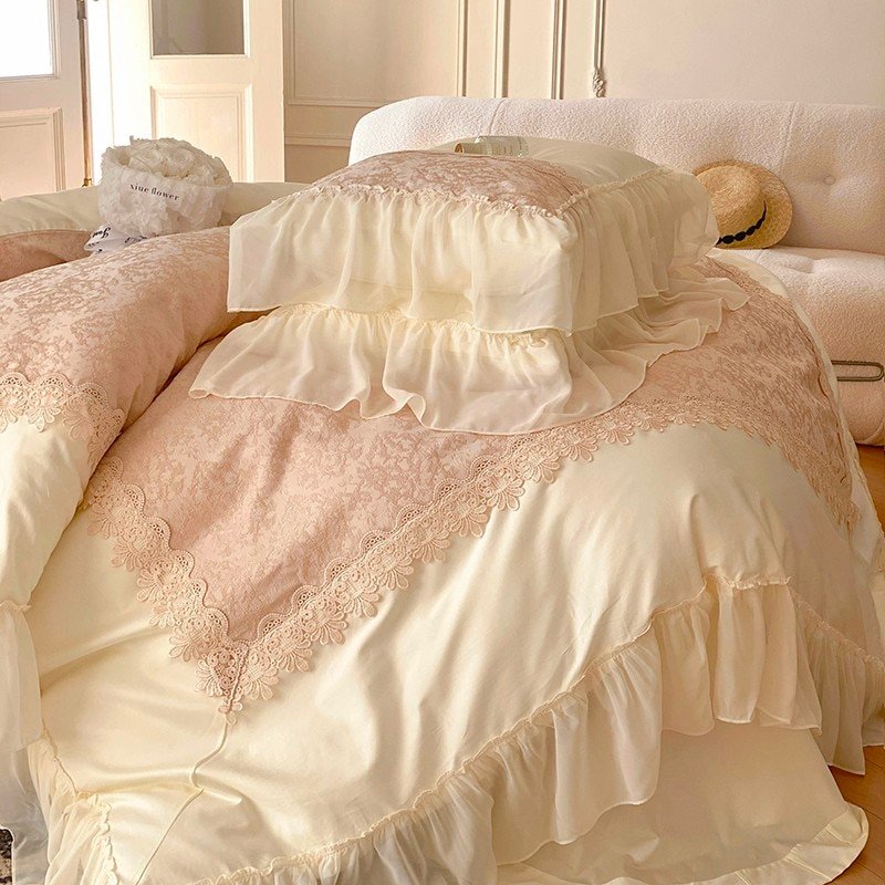 1000TC Egyptian Cotton French Lace Romantic Wedding Bedding set Elegant Girls Duvet Cover Bed Sheet Pillowcase Double Queen King 6
