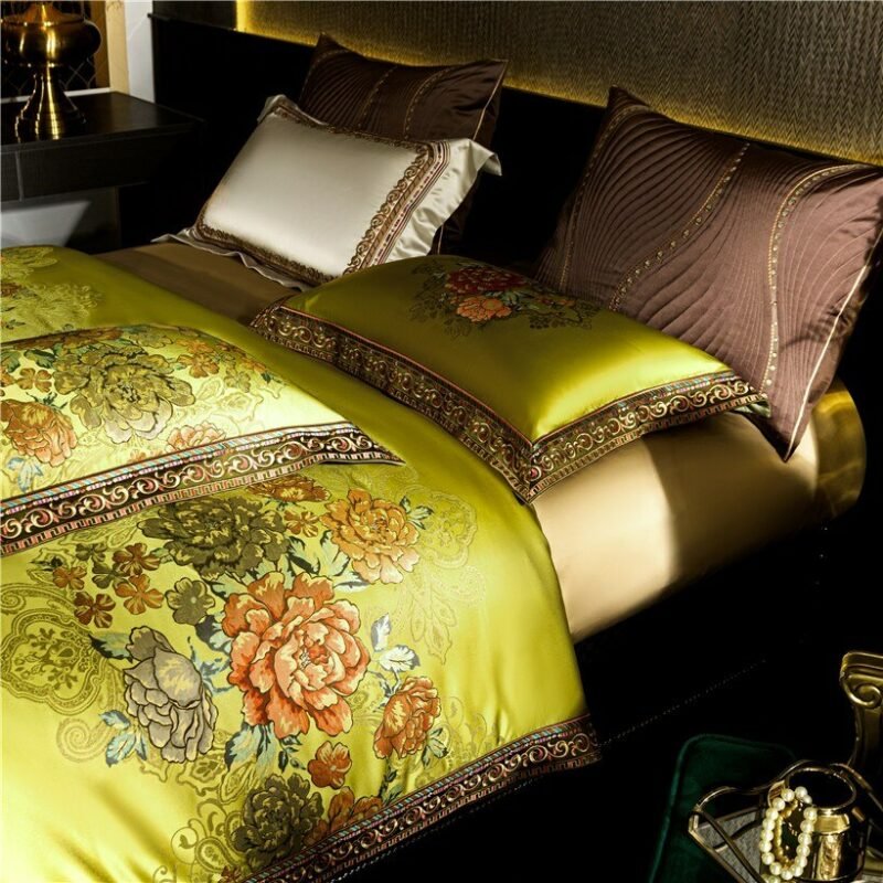 Chic Green Blooming Flowers Duvet Cover 1200TC Satin Egyptian Cotton Luxury Decorator Bedding set Bedspread Bed Sheet Pillowcase 4