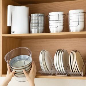 2pcs Portable Transparent Bowl Dish Organizer Cabinet Drawer Storage Box Plastic Kitchen Tableware Plate Holder Cupboard Pantry 1