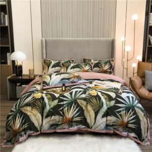 Vinbrant Tropical Leaves Bedding Set 1000TC Egyptian Cotton Quilt Cover with Zipper Luxury Soft Bedding Set Bed Sheet Pillowcase 1