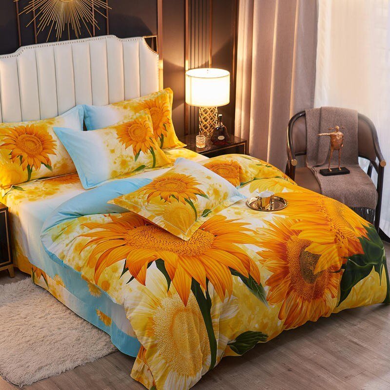 100%Cotton Brushed Ultra Soft Friendly Duvet Cover Set 4Pcs Sunflowers Blossom Bedding set Queen King size Bed Sheet Pillowcases 3
