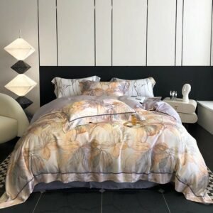 1000TC Eucalyptus Lyocell Soft 4Pcs Duvet Cover Set with Bedsheet Pillowcases Double Queen King Leaves Bedding set Fitted sheet 1