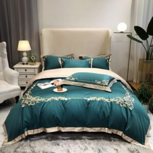 4Pcs Turquoise Green Duvet Cover Set Embroidered Luxury Bedding set Comforter Cover Bed Sheet Pillow Shams Queen King size 4Pcs 1