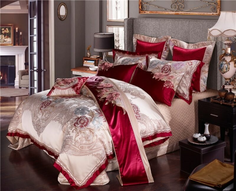 Golden Silk Cotton Luxury Satin Jacquard Bedding Set Queen King size Bedding Sets Bed Sheet/Spread Set Duvet Cover bedclothes 2