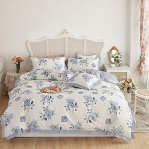 Floral Blossom Print Duvet Cover Blue White Botanical 100%Cotton Comfy 4Pcs Double Queen King Bedding Set Bed sheet Pillowcases 1