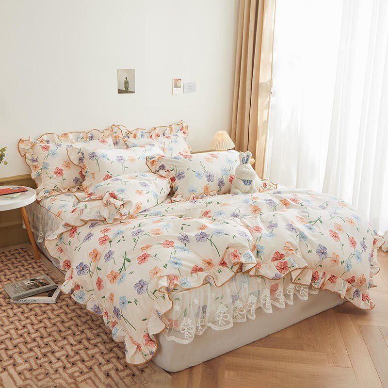 100%Cotton Bedding set Twin Queen King Girls Floral Ruffles Lace Duvet Cover set Fitted sheet Pillowcases 3/4Pcs Garden Flowers 2