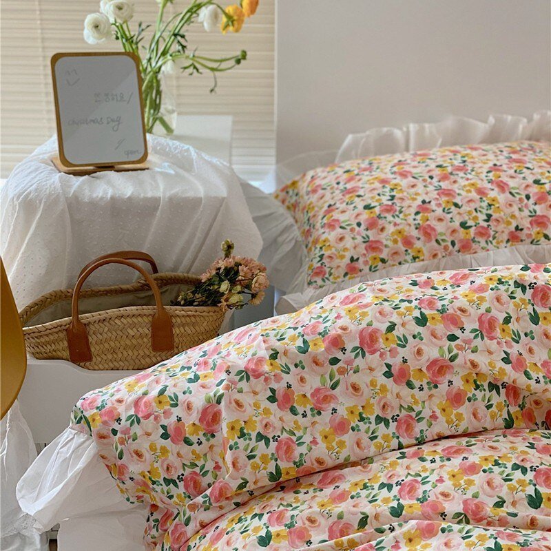 Girls Fresh Flowers Bedding Set Ultra Soft 100%Cotton Vintage Floral Ruffles Duvet Cover Bedsheet Pillowcases Twin Queen size 5