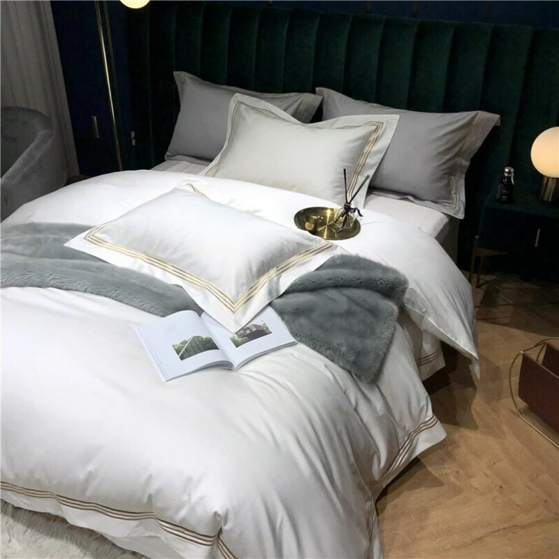 1000TC Egyptian Cotton Gold Embroidery Linens Duvet Cover set White Grey Sateen Hotel Bedding set Bed Sheet King Queen size 4Pcs 3