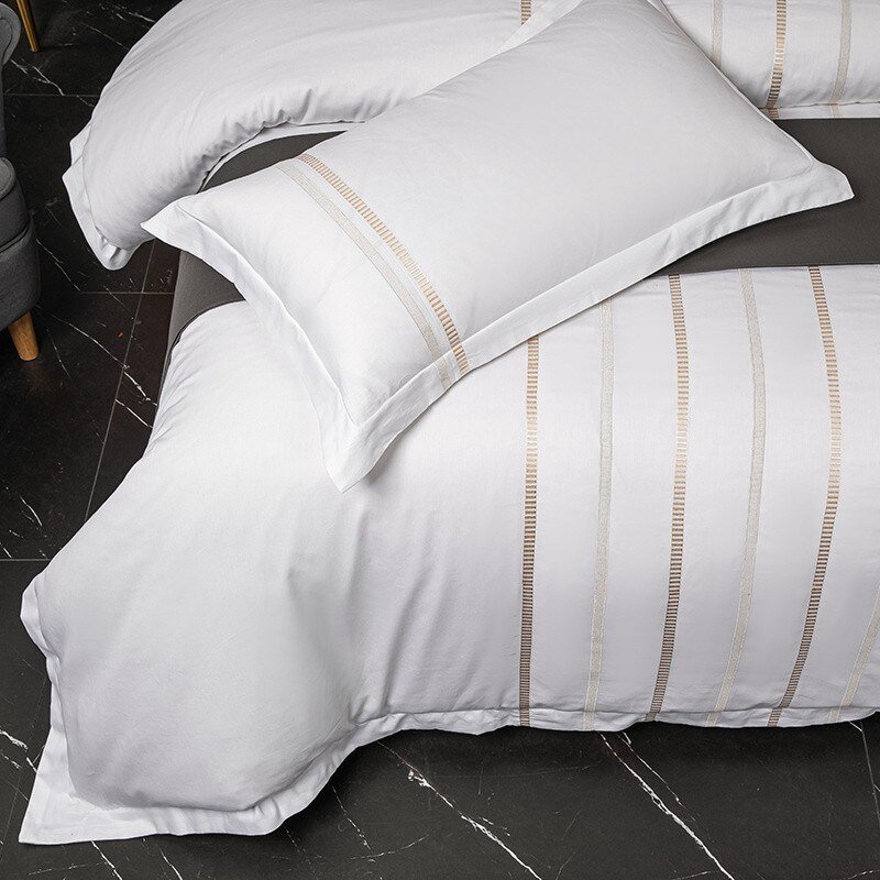 Dark Gray White Vertical Stripes Embroidery Duvet Cover 100%Cotton 4Pcs Double Queen King 1Duvet cover 1Bed Sheet 2Pillowcases 3