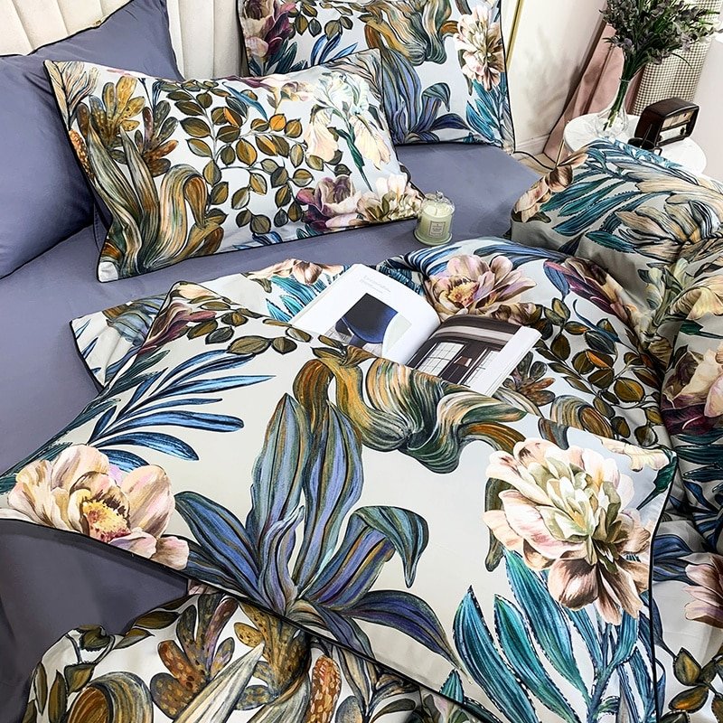 Tropical Leaves Flowers Duvet cover set Silky Soft 100%Egyptian Cotton Bedding set Queen King Bed sheet Quilt Cover Pillowcases 4