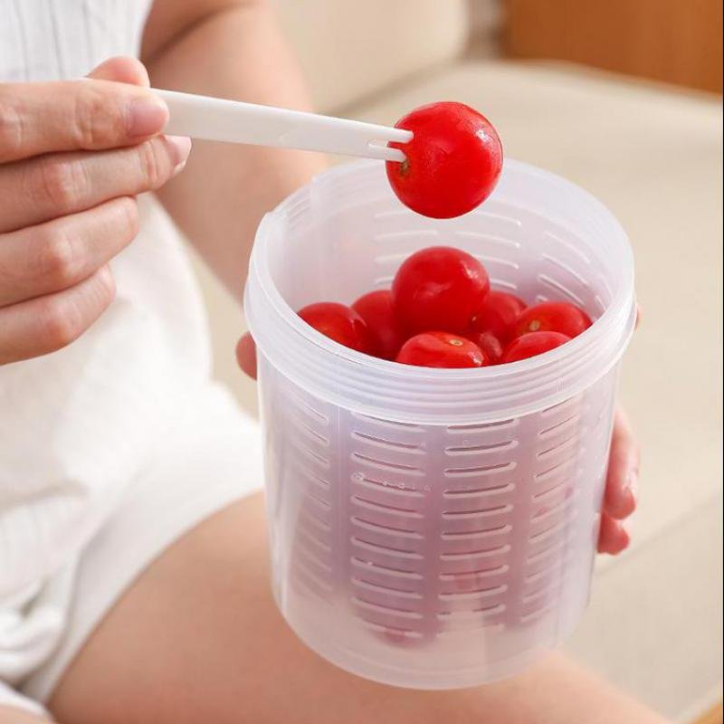 4pcs Portable Fruit Storage Container Box Set with Fork Drainer for Lunch Refrigerator Organizer Food Preservation Transparent 4